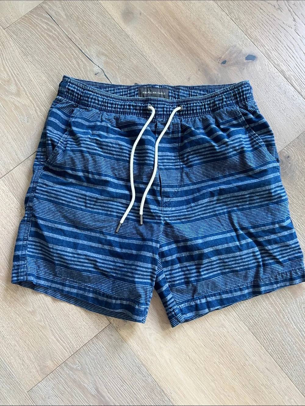 American Eagle Outfitters Navy & White Striped Men's Swim Trunks